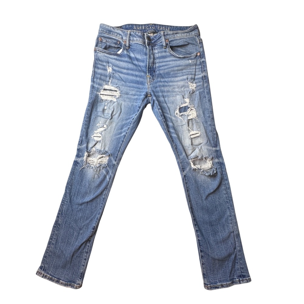 American Eagle Jeans Mens 32x30 Airflex+ Slim Blue Ripped Distressed Denim